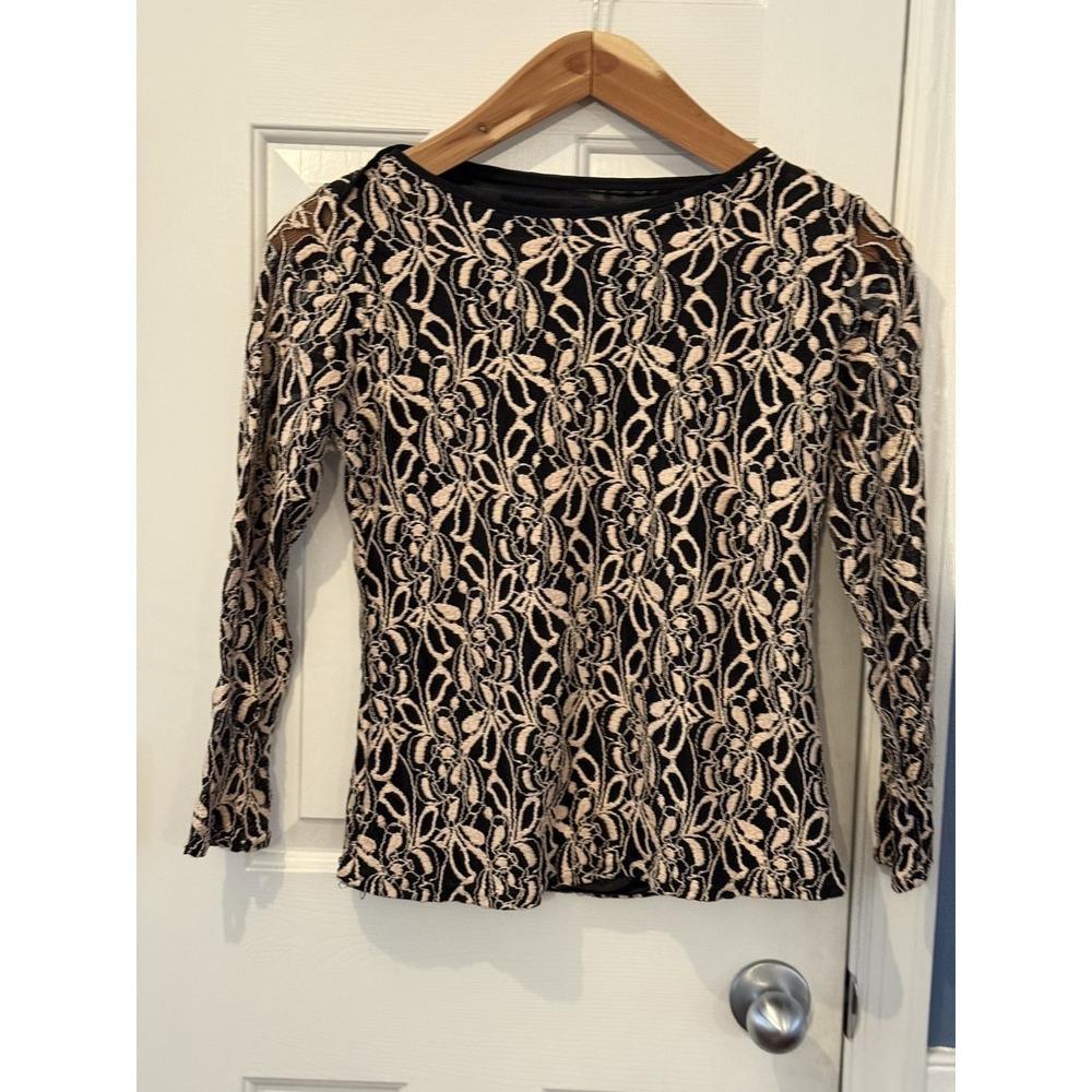 Women's Black Beige Lace Embroidered Floral Round Neck 3/4 Sleeve Top M